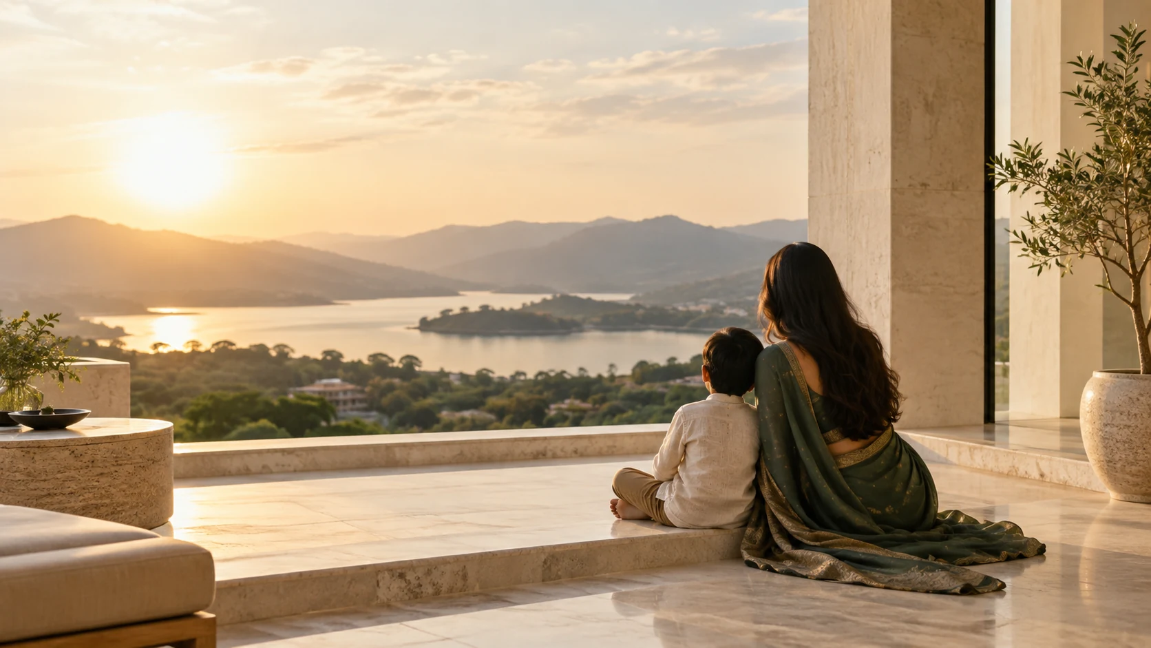 A mother and child looking across a peaceful landscape
