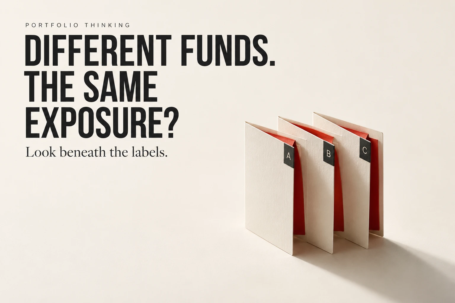 Three open paper fund sleeves revealing similar red interiors