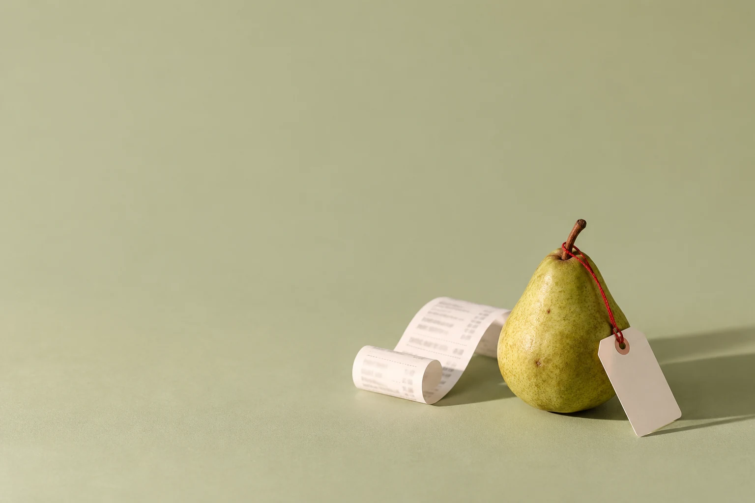 A pear, a receipt and an empty price tag arranged on a quiet sage surface