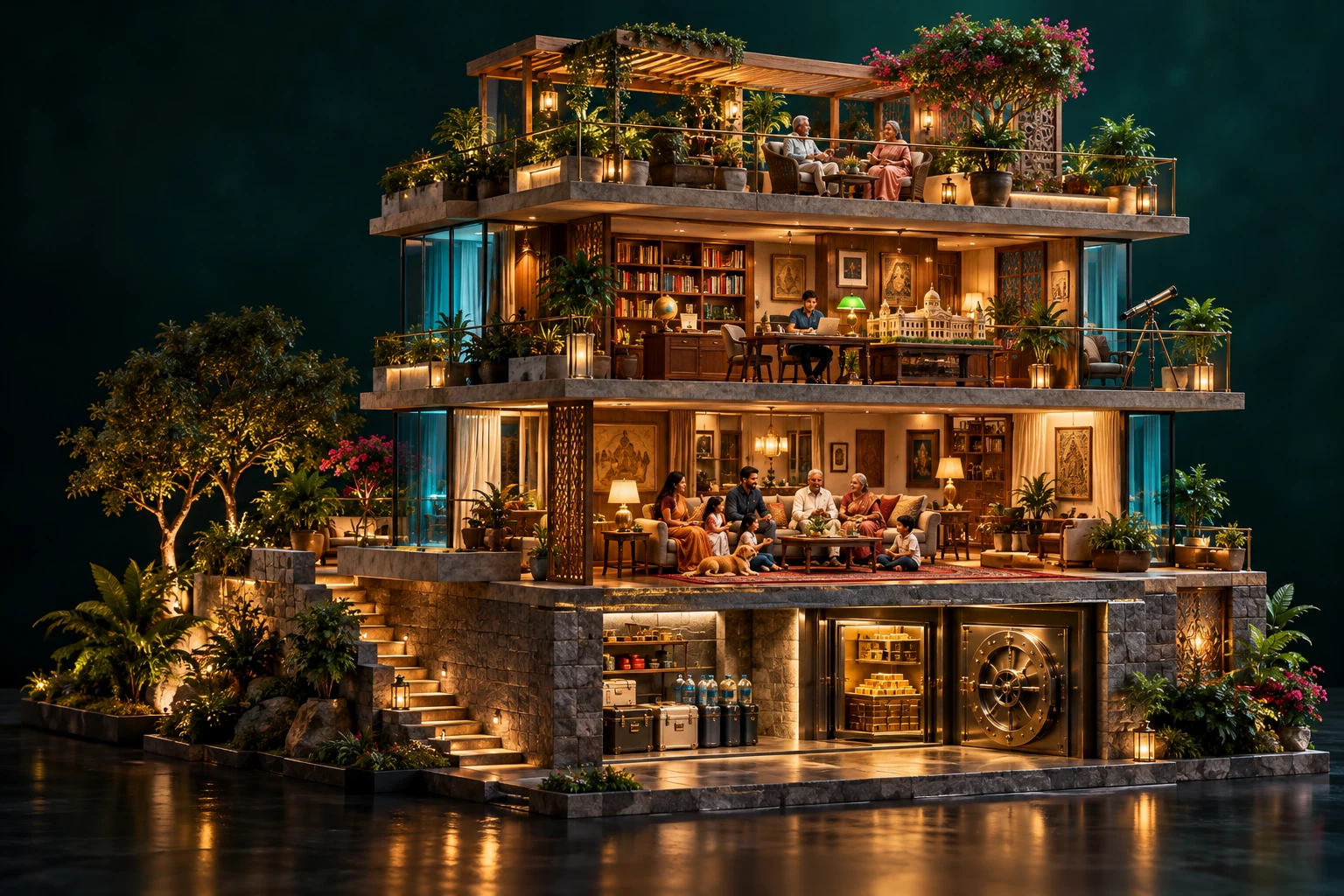 A dark architectural cutaway suggesting the layered goals within a family financial plan