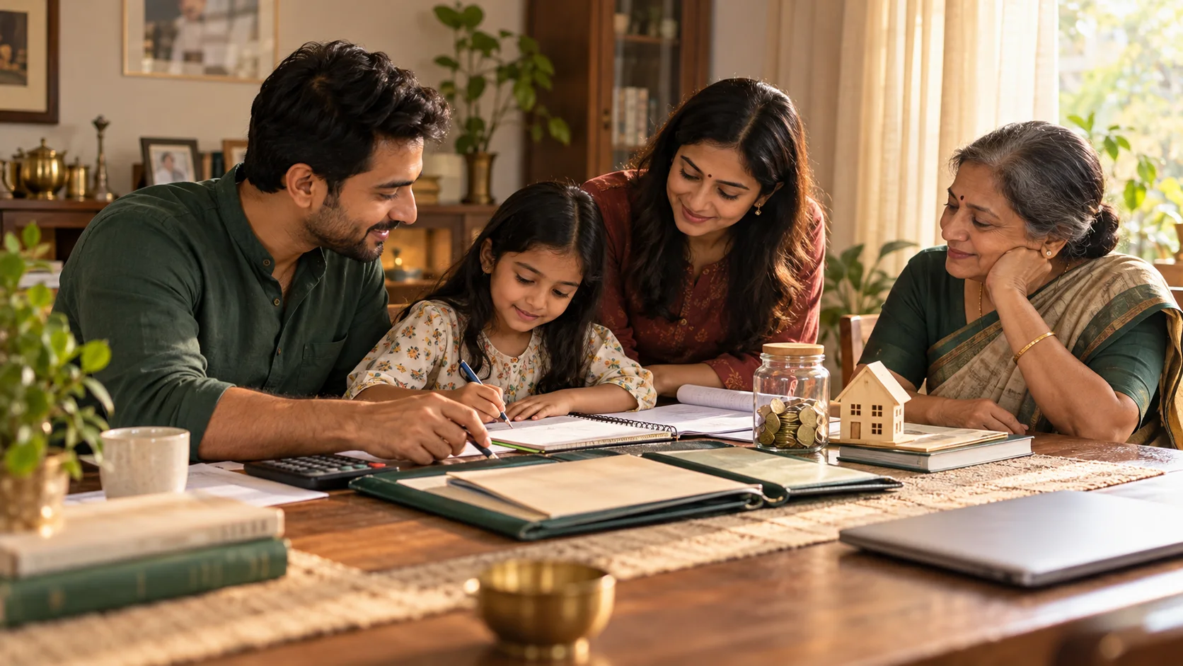 An Indian family across three generations planning household goals together at a dining table